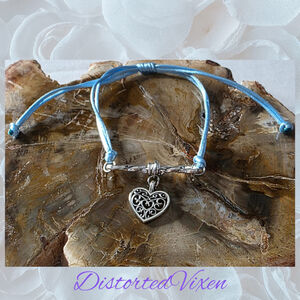 Barbed Wire Heart Stacker Bracelet - Adjustable Blue Cord Goth Jewelry Edgy Alt